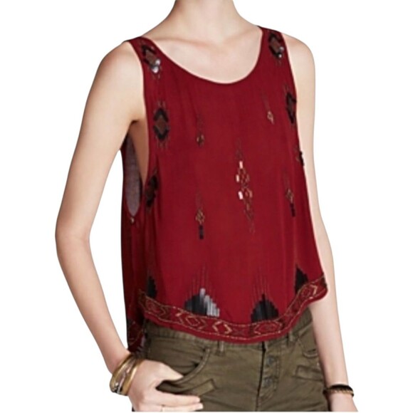 Free People Maroon Flutter Tank M Aztec Sequin Coachella Open Sides - Picture 2 of 9